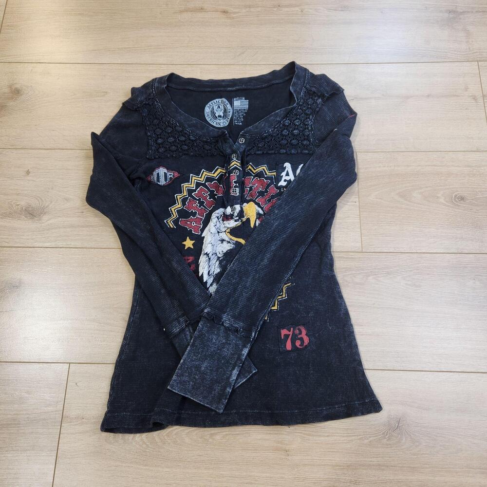 Vintage Y2K Affliction Shirt Womens Medium Black Thermal Henley Eagle Biker 73